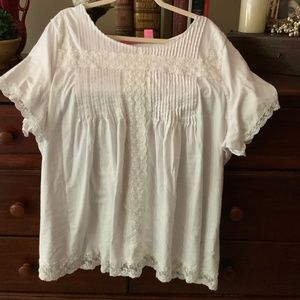 White Short Sleeved cotton and lace blouse with pin tuck pleats